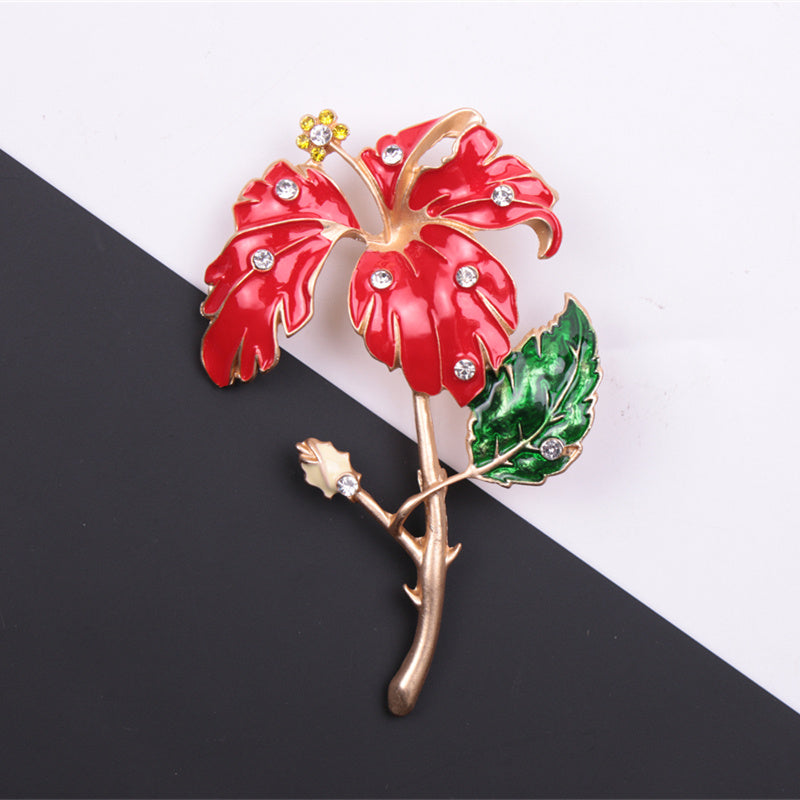 Women's Red Enamel Flower Brooch with Rhinestones Vintage Lapel Pin for Coats and Accessories