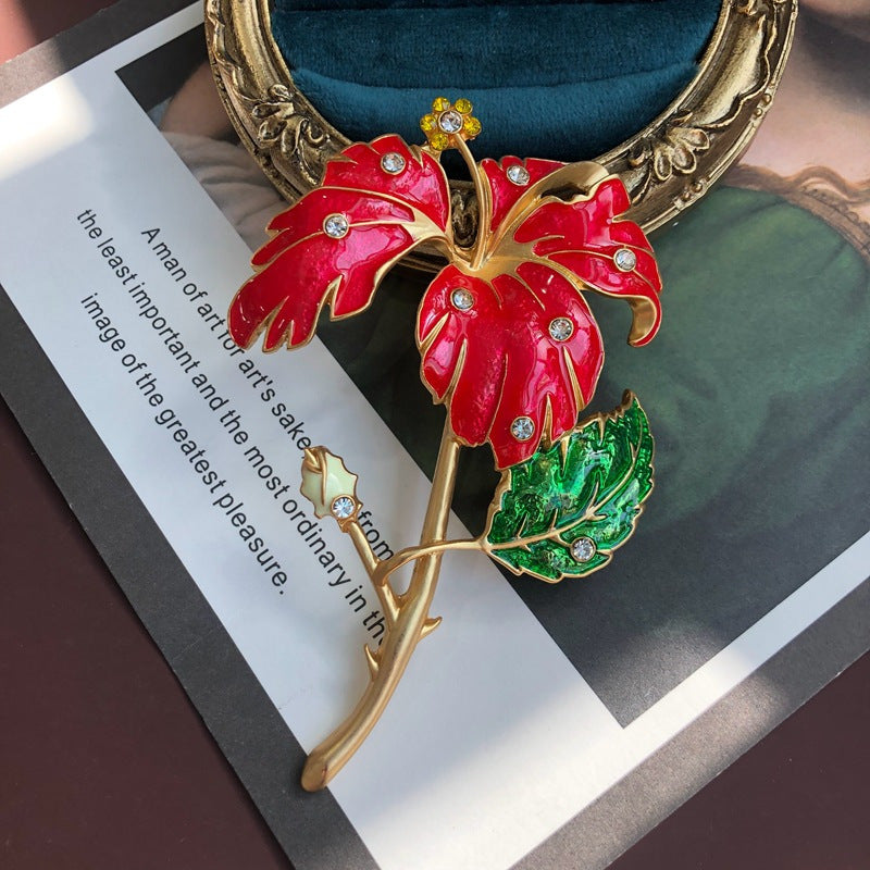 Women's Red Enamel Flower Brooch with Rhinestones Vintage Lapel Pin for Coats and Accessories