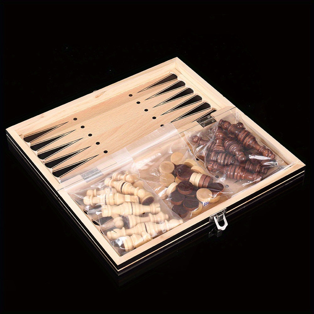 Wooden 3-in-1 Board Game Set with Chess Checkers Backgammon Foldable Portable