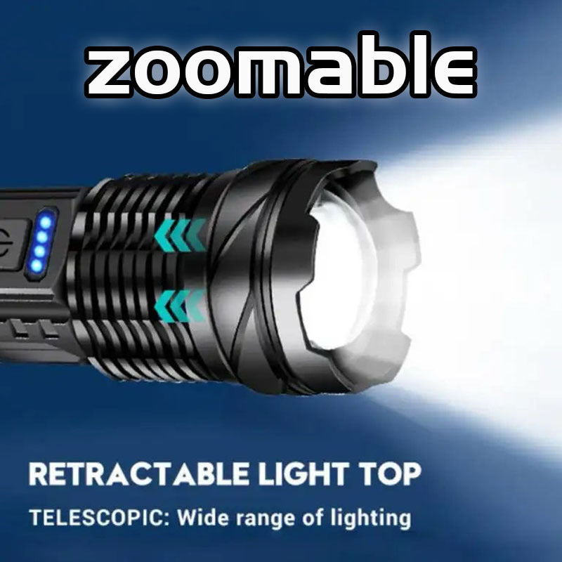 Linterna LED recargable con haz ajustable para acampar, senderismo, pesca y correr