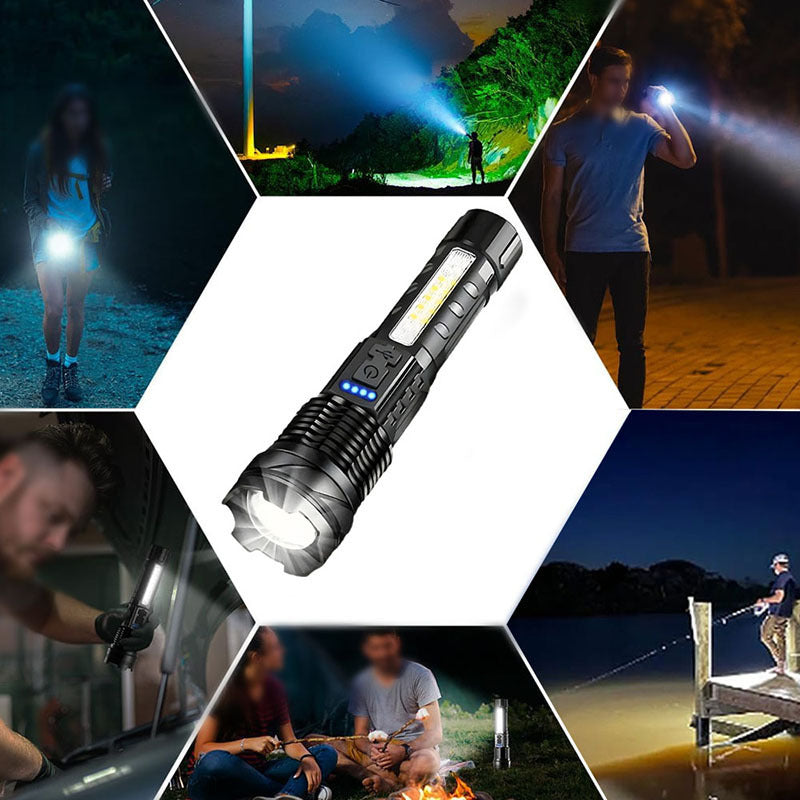 Linterna LED recargable con haz ajustable para acampar, senderismo, pesca y correr