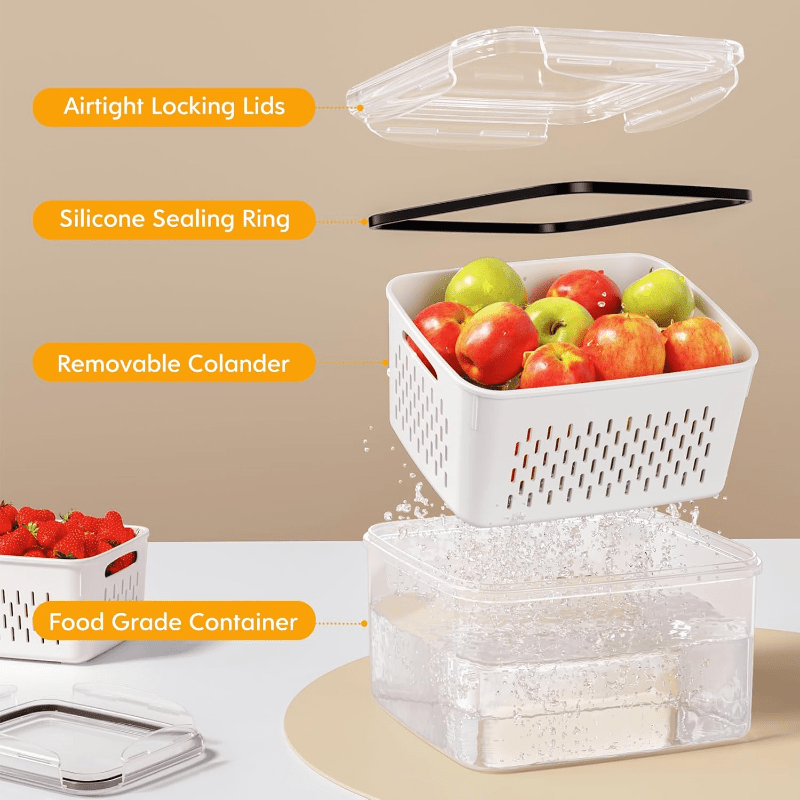 BPA-Free Fruit Storage Container with Drain Colander and Airtight Lid for Refrigerator