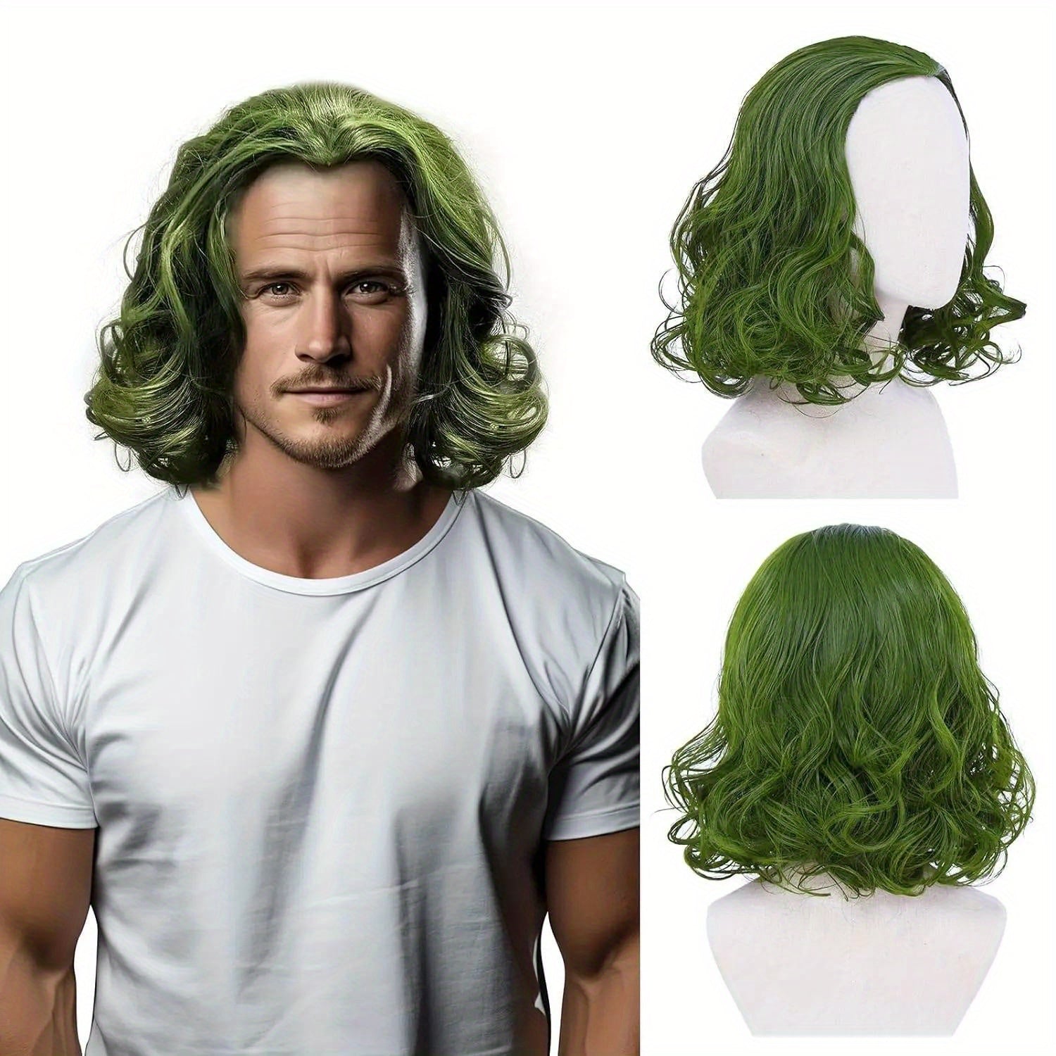 Men's Wavy Green Wig for Cosplay Halloween and Anime Costumes