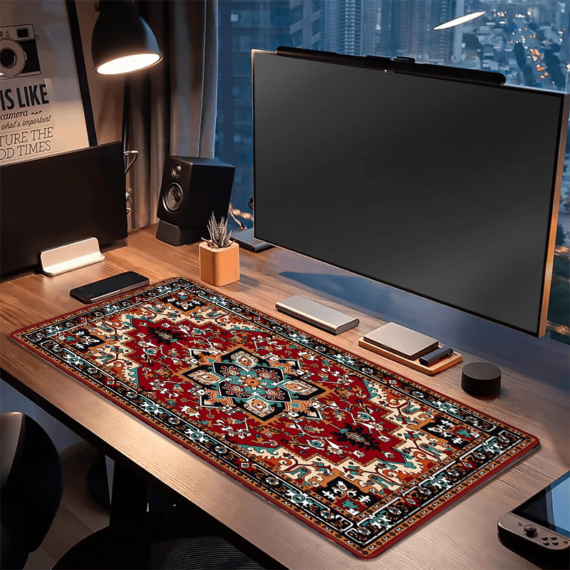 Large Boho Chic Gaming Mouse Pad with Antique Persian Carpet Design Non-Slip Rubber Base Stitched Edges Large Size