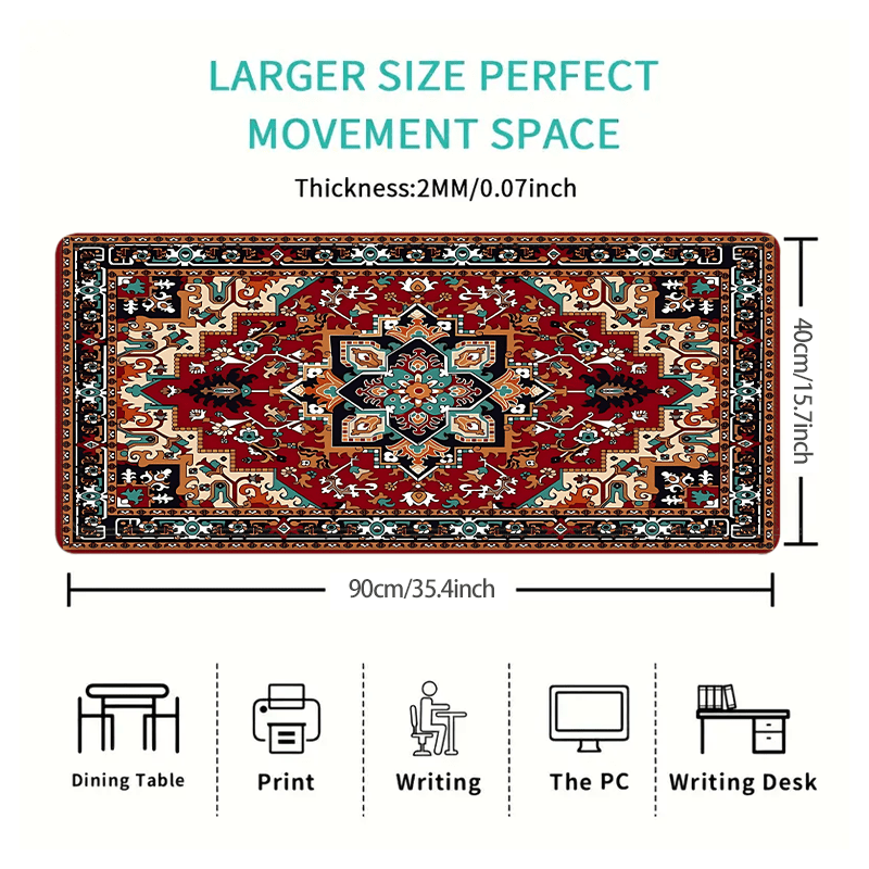 Large Boho Chic Gaming Mouse Pad with Antique Persian Carpet Design Non-Slip Rubber Base Stitched Edges Large Size