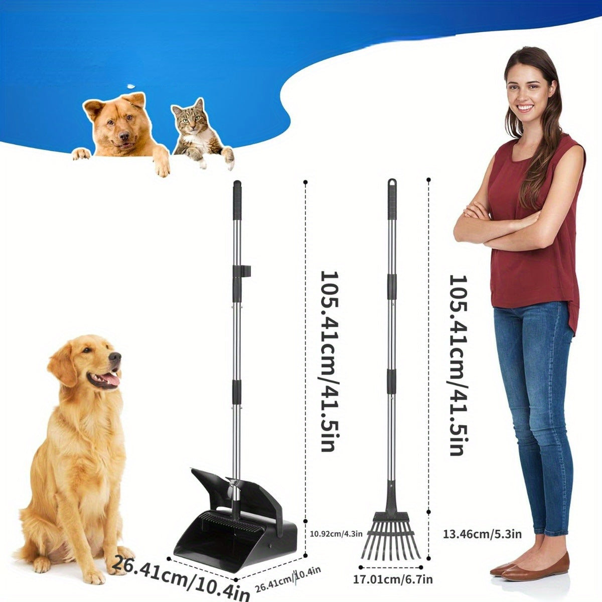 Stainless Steel Pet Waste Cleanup Kit with Pooper Scooper Rake Bin