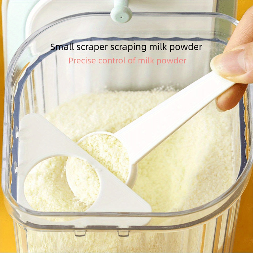 Yopiq qopqoq va formula saqlash uchun alohida bo'limlari bo'lgan ko'chma sut kukuni idishi, yosh bolalar uchun mos.