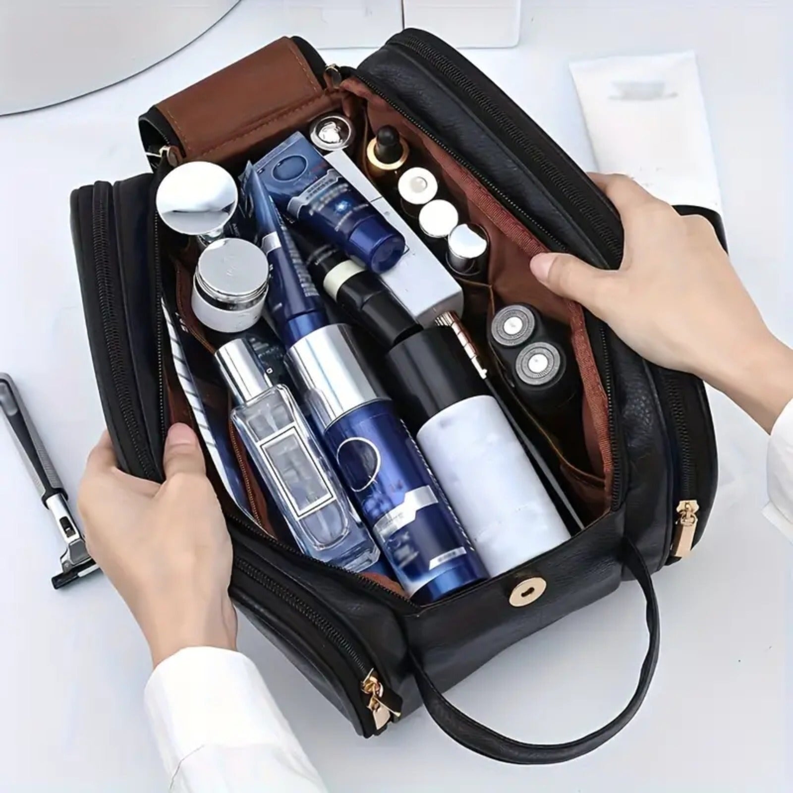 Trifold Faux Leather Cosmetic Bag Large Capacity Water-Resistant Travel Organizer