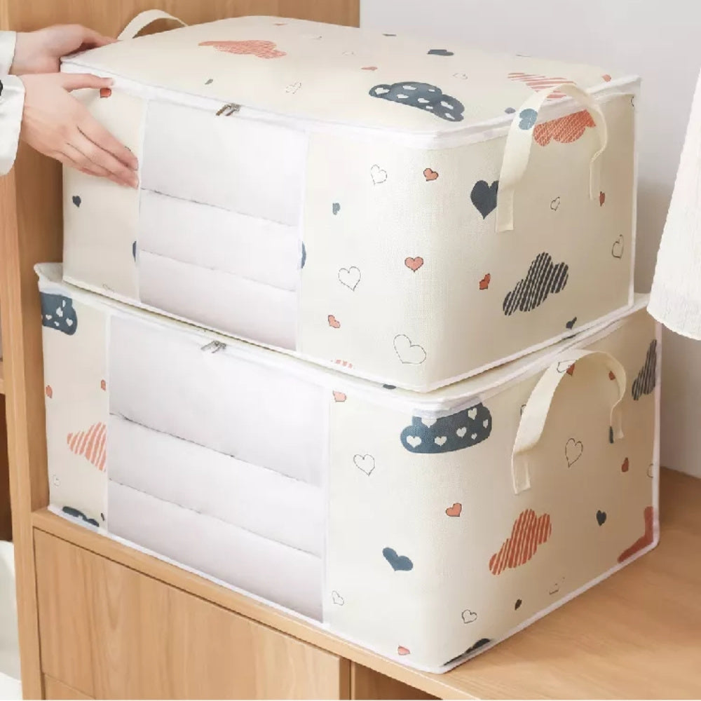 Large Dustproof Storage Bag with Heart and Cloud Design for Clothes and Quilts, Foldable with Zipper and Handles