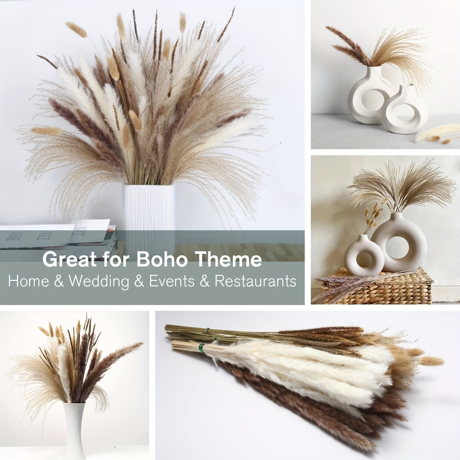 120 Pieces Dried Pampas Grass Natural White Beige Boho Decor Wedding Centerpiece