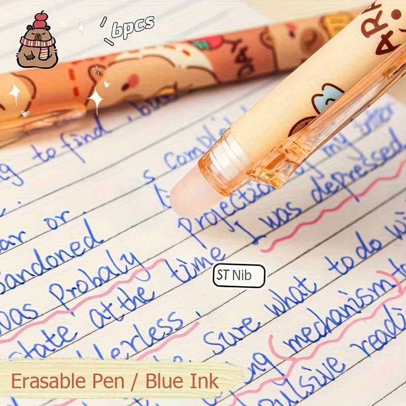 Set of 6 Erasable Blue Ink Pens with Storage Design for School and Office