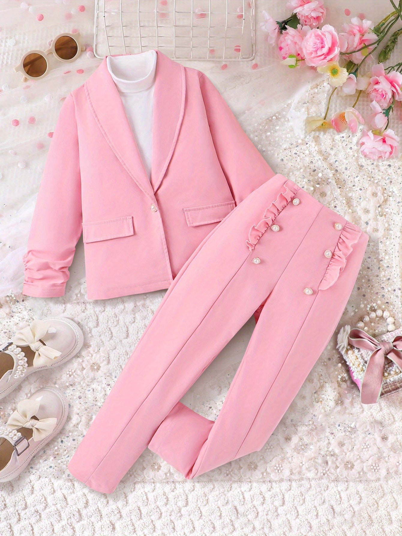 Girls Pink Formal Outfit with Button Detail for Fall Winter Outdoor Events