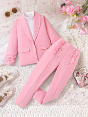 Girls Pink Formal Outfit with Button Detail for Fall Winter Outdoor Events