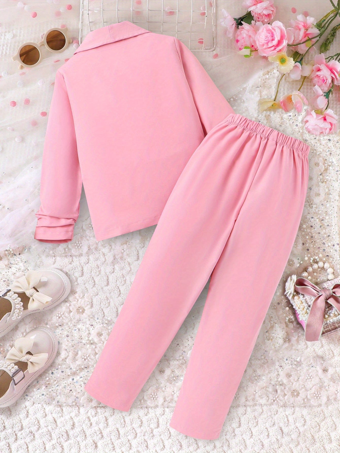 Girls Pink Formal Outfit with Button Detail for Fall Winter Outdoor Events