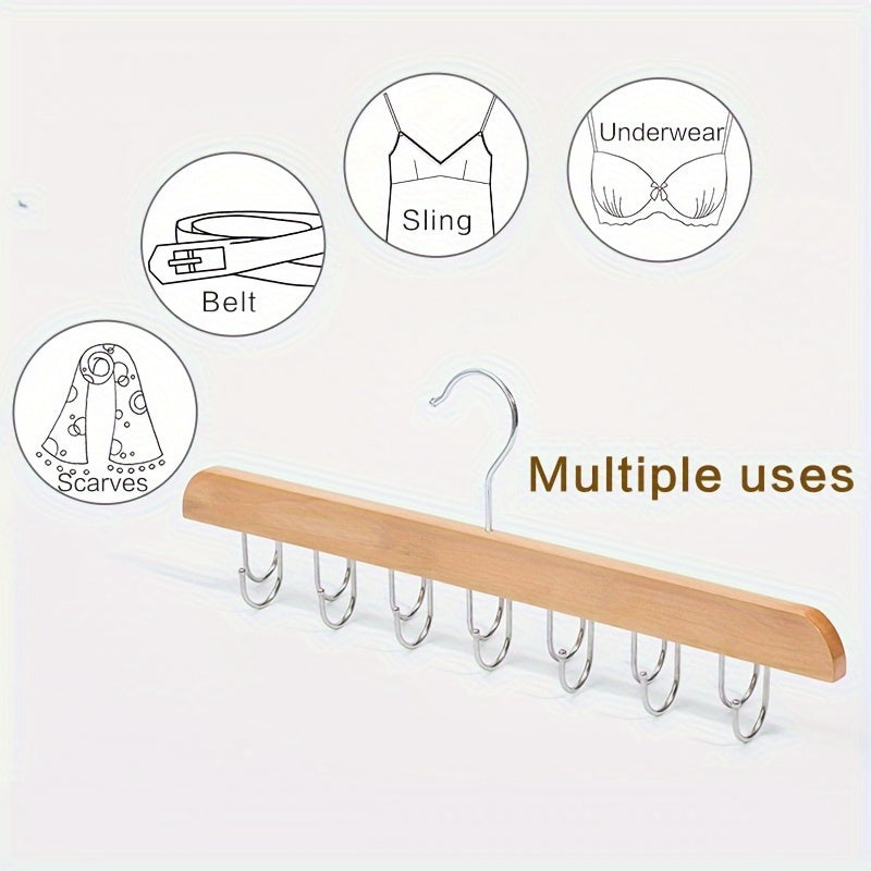 Wooden Belt Organizer with 14 Polished Hooks and Foldable Metal Hanger for Closet Storage