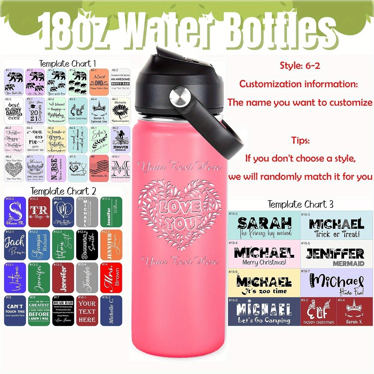 Personalized Stainless Steel Water Bottle 18oz Insulated Tumbler with Straw Lid for Sports Travel Gym