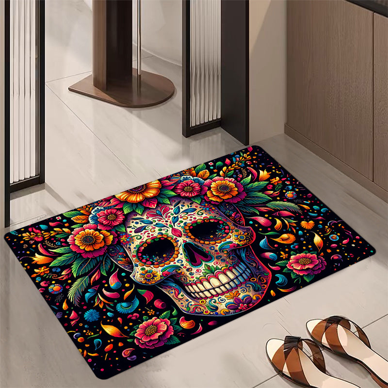 Colorful Day of the Dead Skull Rug 160cm x 63cm Machine Washable Entryway Bathroom