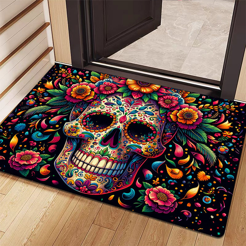 Colorful Day of the Dead Skull Rug 160cm x 63cm Machine Washable Entryway Bathroom