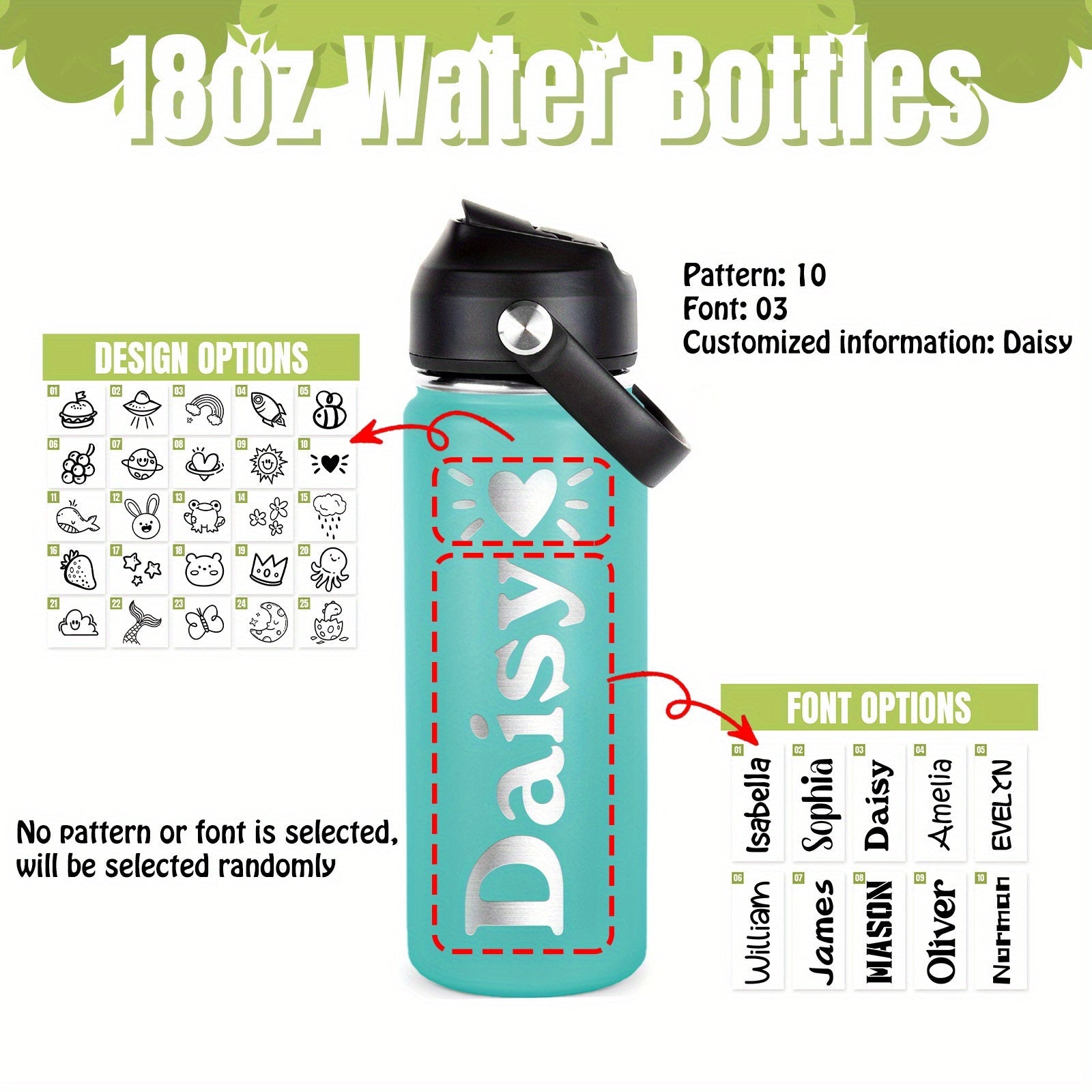 Personalized Kids Water Bottle 18oz Stainless Steel Insulated Flask with Straw