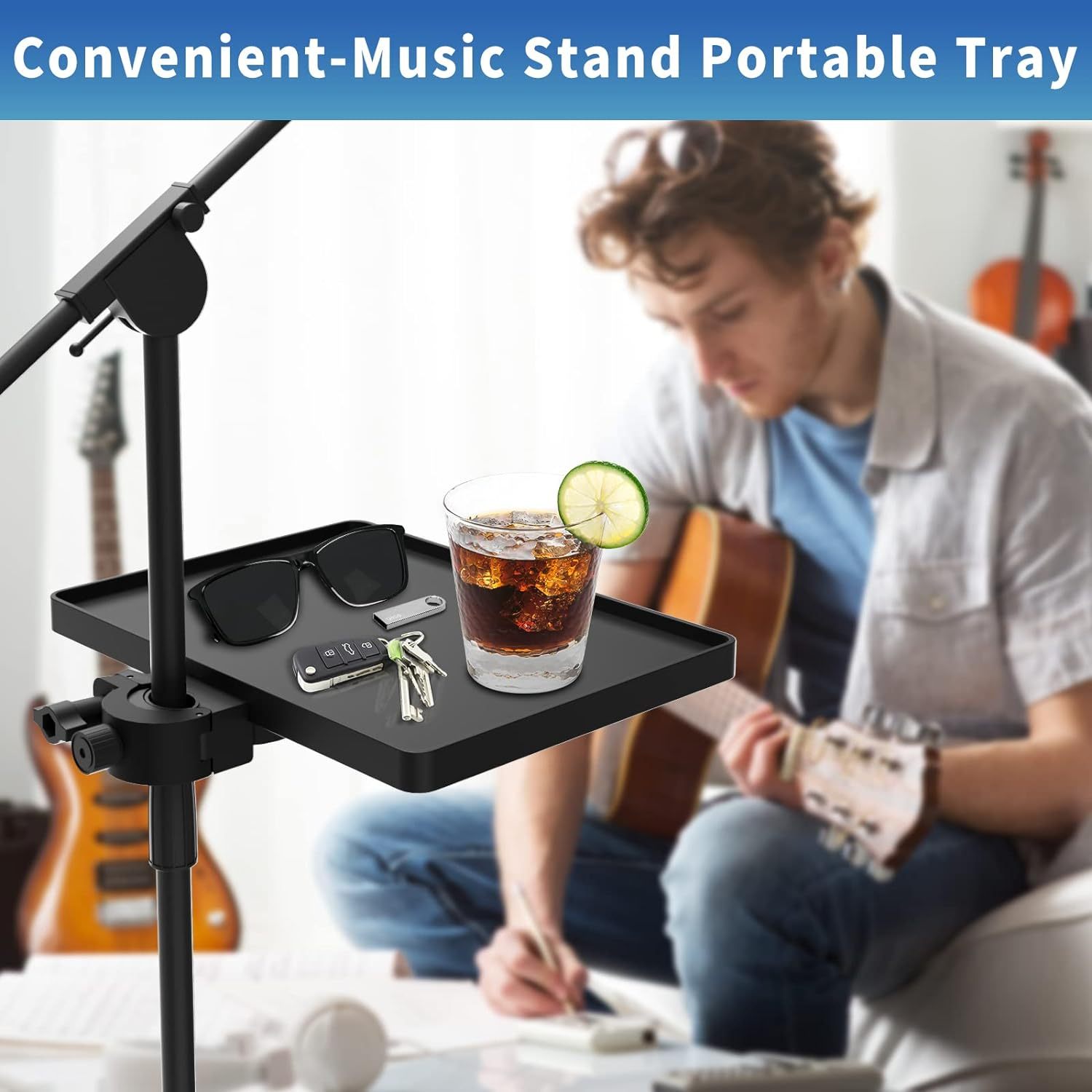 Microphone Stand Tray ABS Adjustable Music Sheet Holder for Live Streaming Karaoke Recording Black