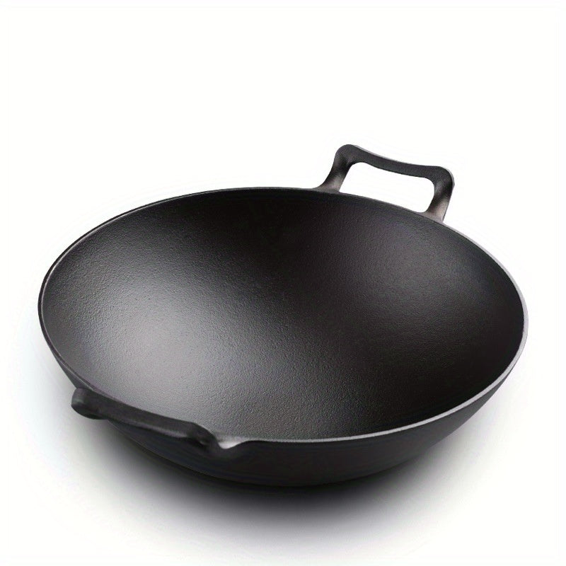 Wok de hierro fundido reforzado con tapa, asas dobles, utensilio de cocina duradero