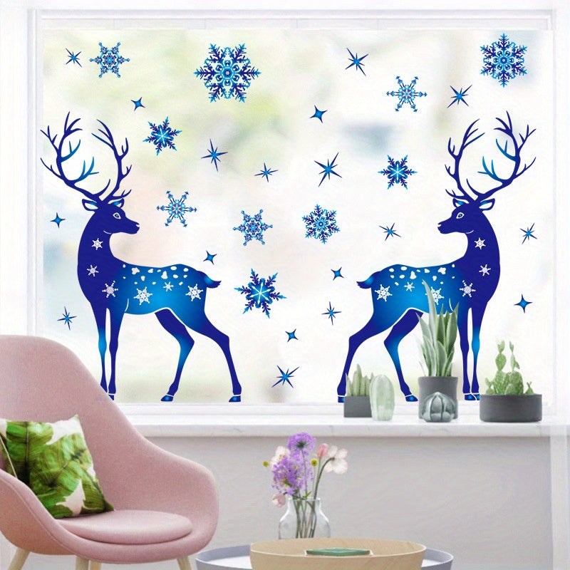 Rustic Blue Reindeer Snowflake Window Clings Holiday Glass Decorations