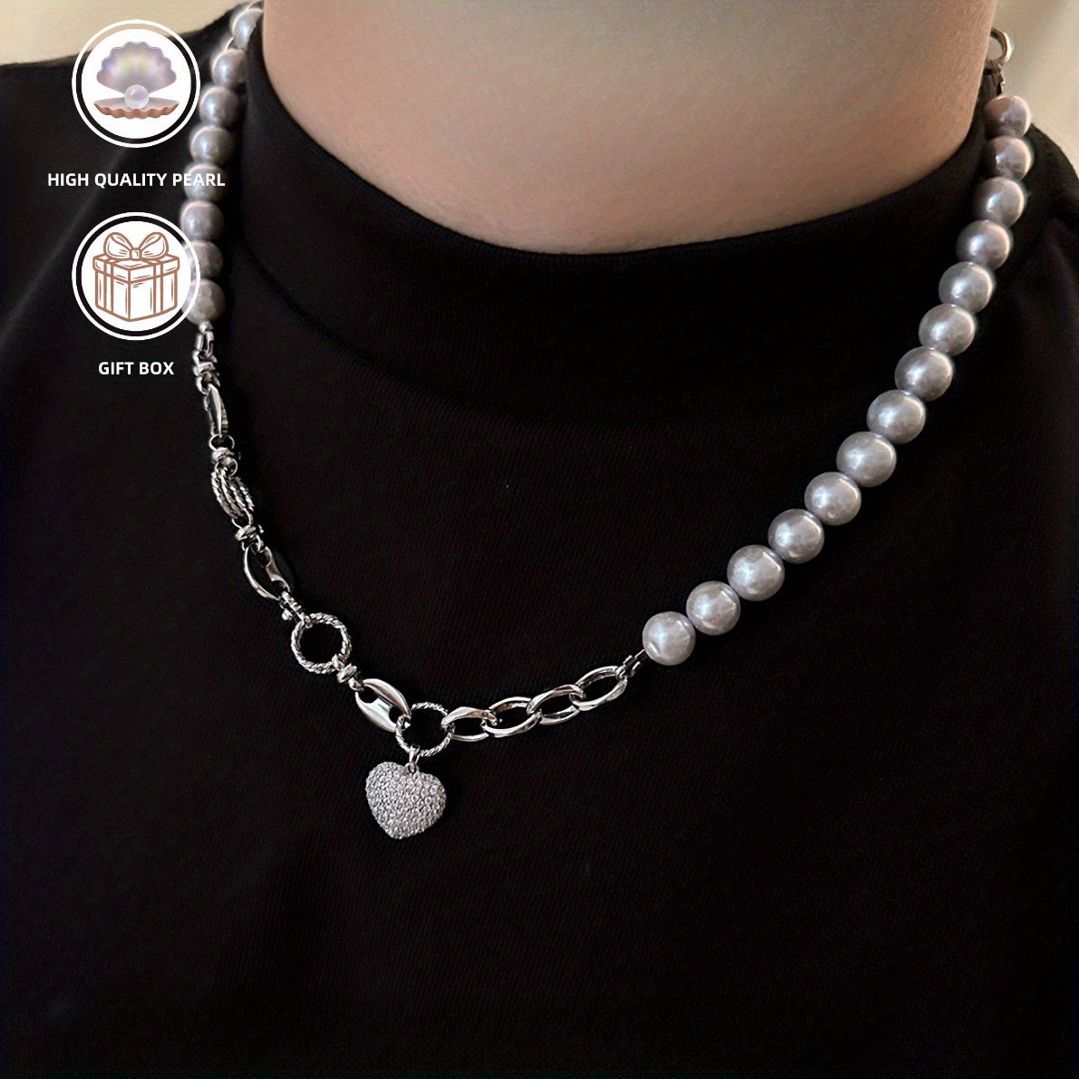 Vintage Punk Style Freshwater Pearl Necklace with Heart Pendant for Parties