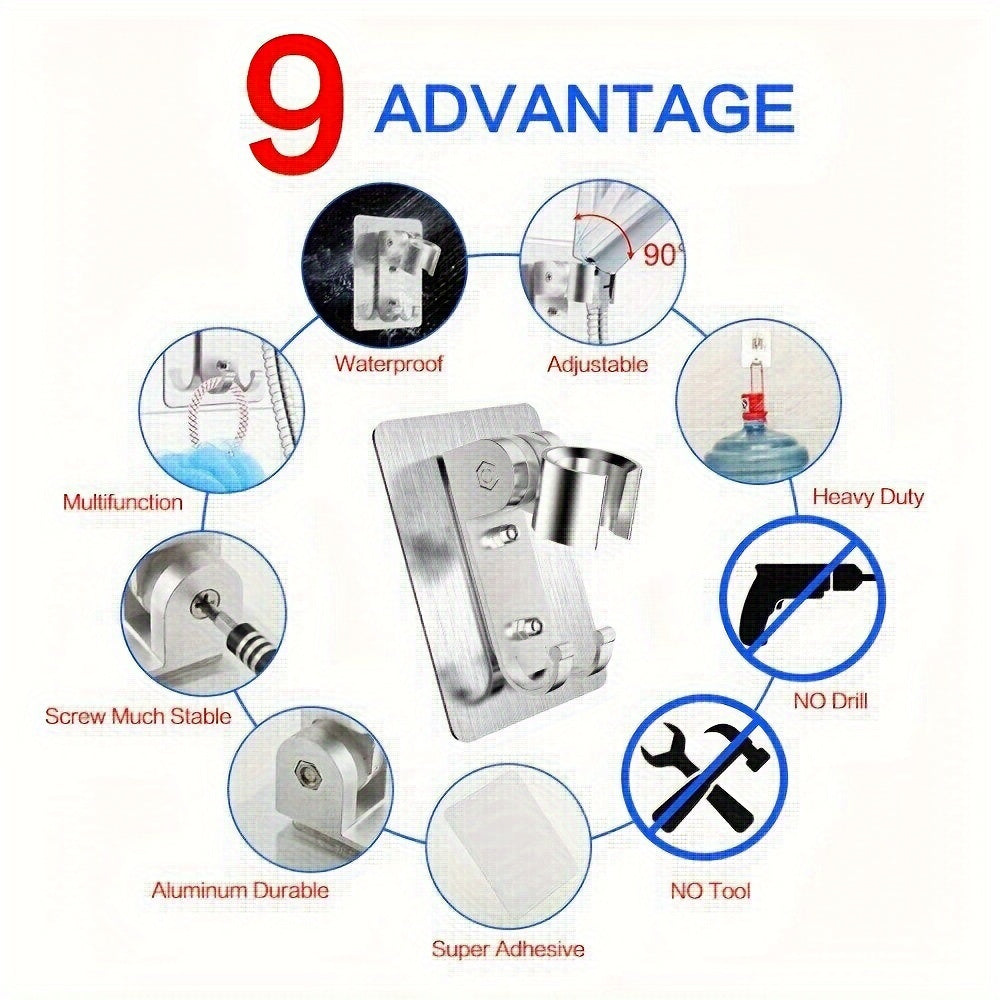 Soporte de cabezal de ducha de aluminio para pared con 2 ganchos, resistente al agua, ajustable, sin taladro para instalación