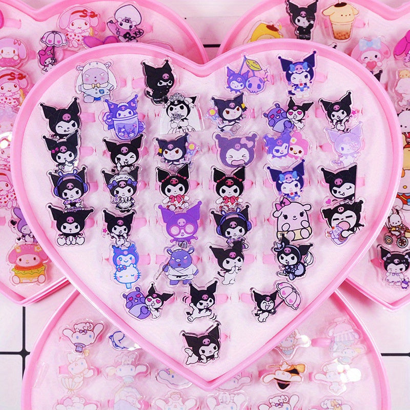 36 ta Sanrio halqalar to'plami Kuromi, Melody va Cinnamoroll dizaynlari bilan - Har kuni foydalanish uchun ajoyib plastik charm halqalar, metall bo'lmagan, har bir mavsum va har qanday tadbir uchun mukammal