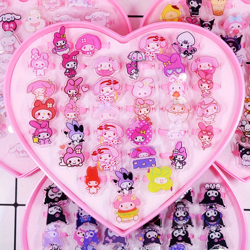 36 ta Sanrio halqalar to'plami Kuromi, Melody va Cinnamoroll dizaynlari bilan - Har kuni foydalanish uchun ajoyib plastik charm halqalar, metall bo'lmagan, har bir mavsum va har qanday tadbir uchun mukammal