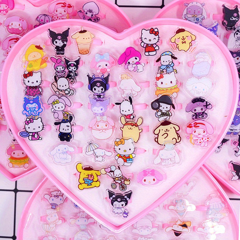 36 ta Sanrio halqalar to'plami Kuromi, Melody va Cinnamoroll dizaynlari bilan - Har kuni foydalanish uchun ajoyib plastik charm halqalar, metall bo'lmagan, har bir mavsum va har qanday tadbir uchun mukammal