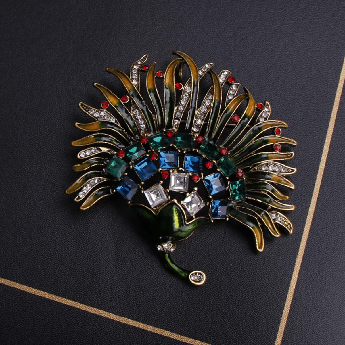 Vintage Crystal Leaf Enamel Brooch Pin for Dresses and Suits