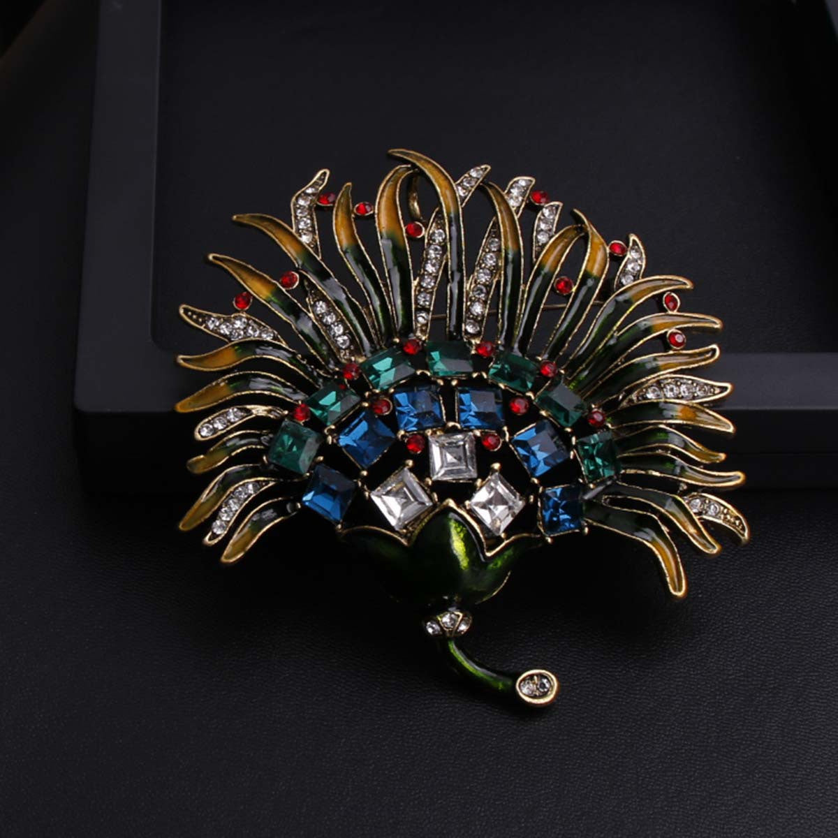 Vintage Crystal Leaf Enamel Brooch Pin for Dresses and Suits