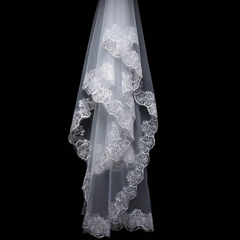 Polyester Bridal Veil with Floral Lace Edge for Wedding