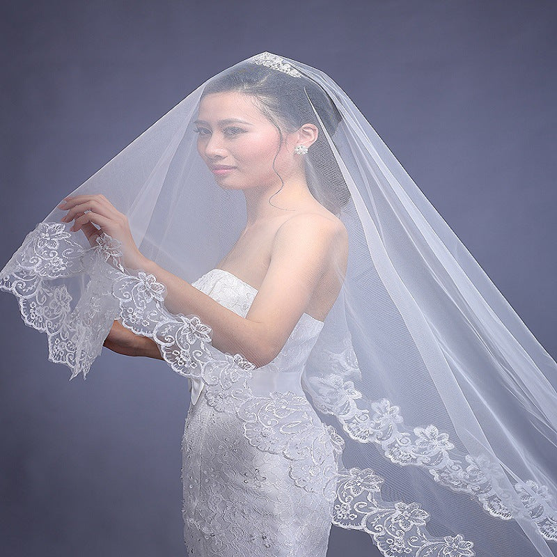 Polyester Bridal Veil with Floral Lace Edge for Wedding