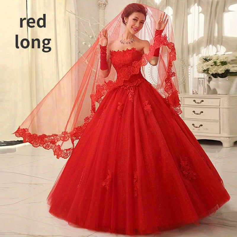 Polyester Bridal Veil with Floral Lace Edge for Wedding