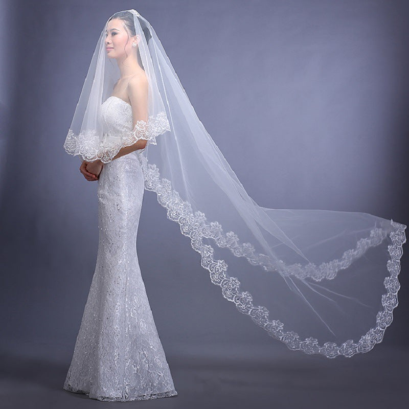 Polyester Bridal Veil with Floral Lace Edge for Wedding