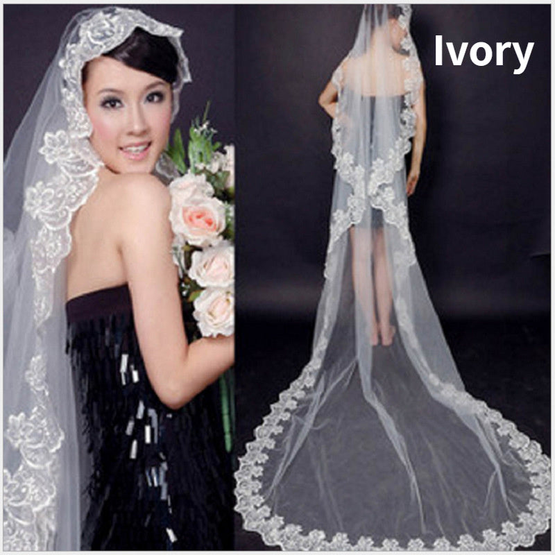Polyester Bridal Veil with Floral Lace Edge for Wedding