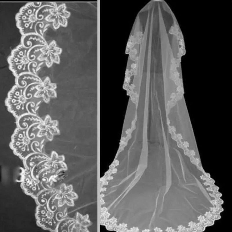 Polyester Bridal Veil with Floral Lace Edge for Wedding