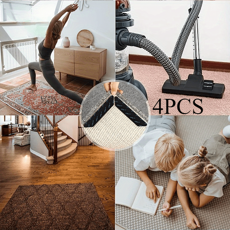 Набор из 4 моющихся противоскользящих липких лент для ковров, угловые накладки для ковров из ПЭТ, не оставляющий следов клейкий стабилизатор ковров для прихожих и комнат