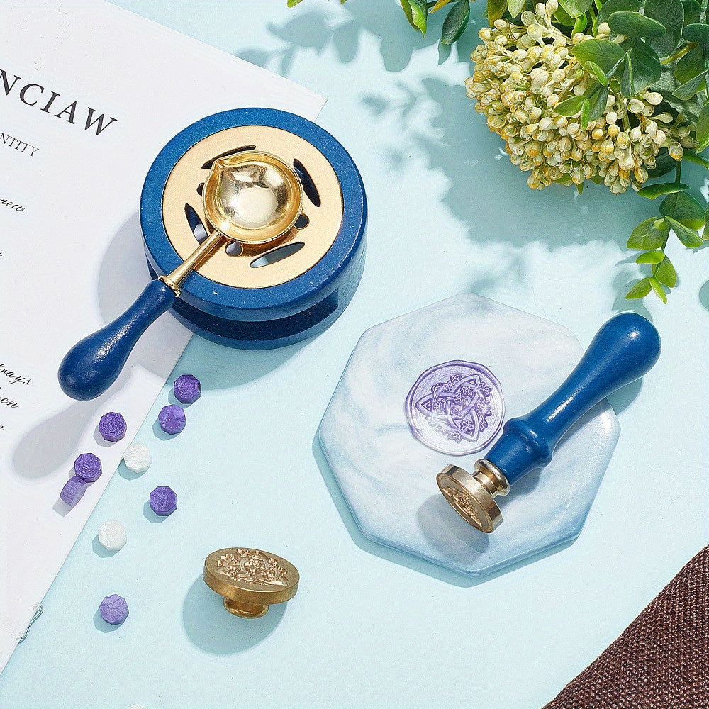 Set of 3 Round Iron Wax Stoves with Zinc Alloy Seal Spoon and Wooden Handle Steel Blue