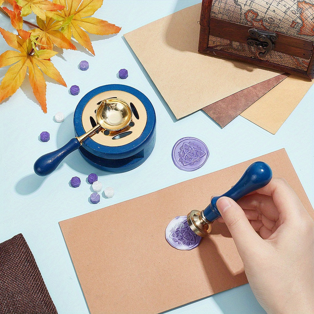 Set of 3 Round Iron Wax Stoves with Zinc Alloy Seal Spoon and Wooden Handle Steel Blue