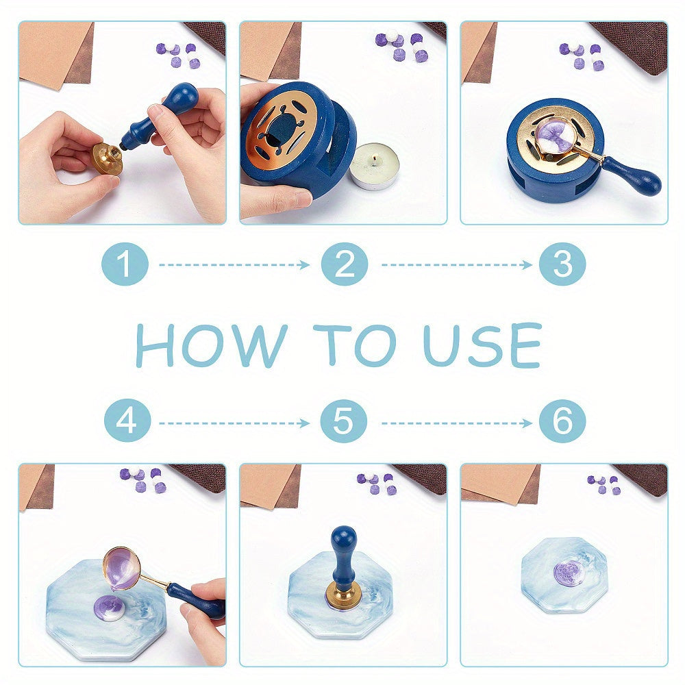 Set of 3 Round Iron Wax Stoves with Zinc Alloy Seal Spoon and Wooden Handle Steel Blue