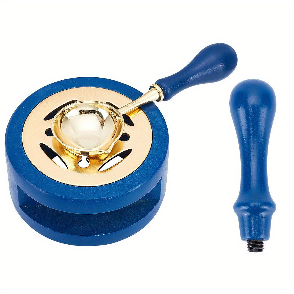 Set of 3 Round Iron Wax Stoves with Zinc Alloy Seal Spoon and Wooden Handle Steel Blue