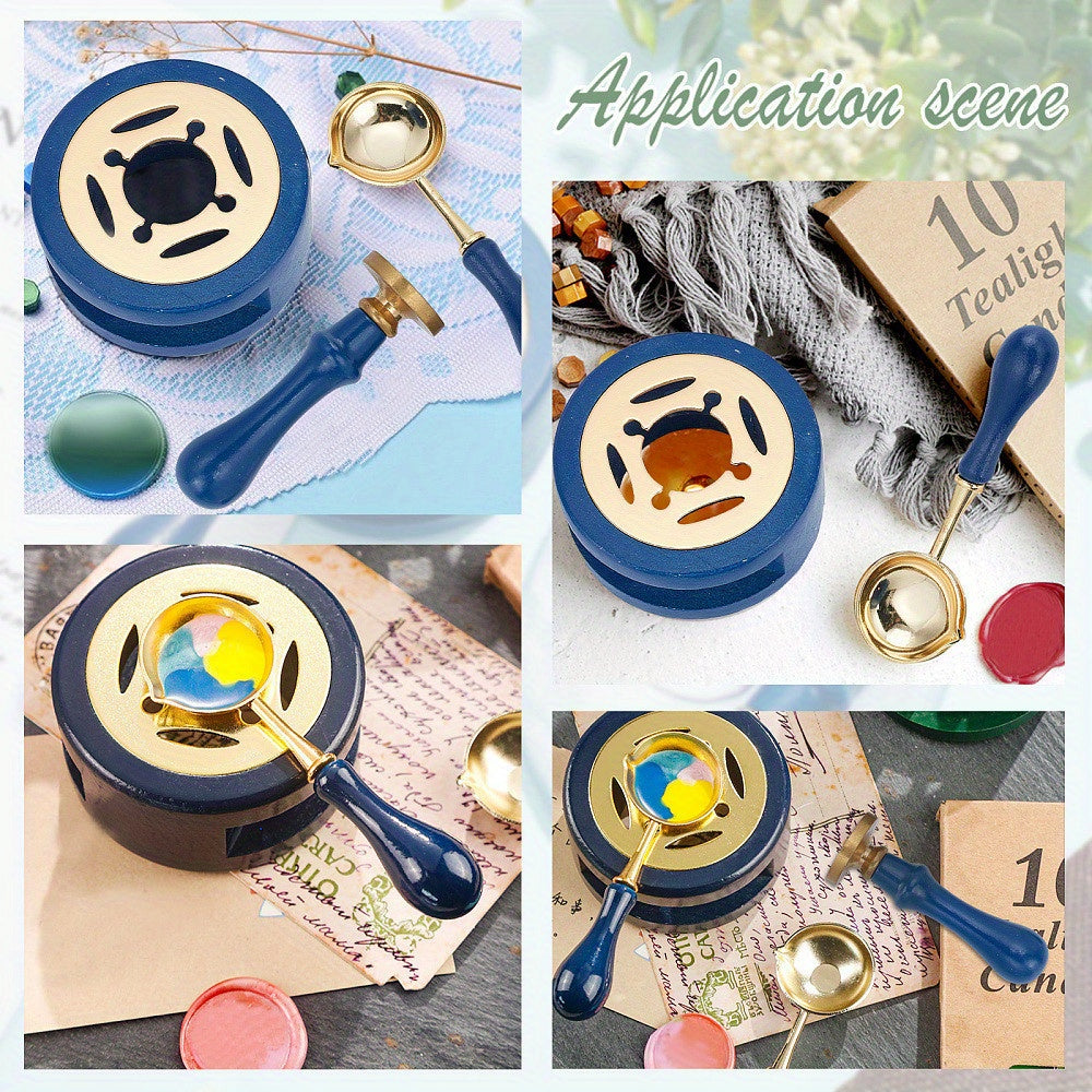 Set of 3 Round Iron Wax Stoves with Zinc Alloy Seal Spoon and Wooden Handle Steel Blue