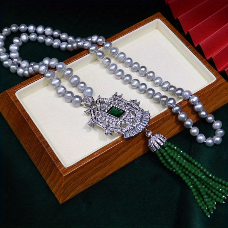 Collar largo de otoño e invierno con perlas de agua dulce de 8-9mm y incrustación de zirconia