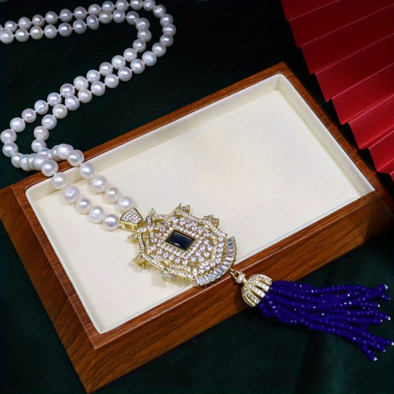 Collar largo de otoño e invierno con perlas de agua dulce de 8-9mm y incrustación de zirconia