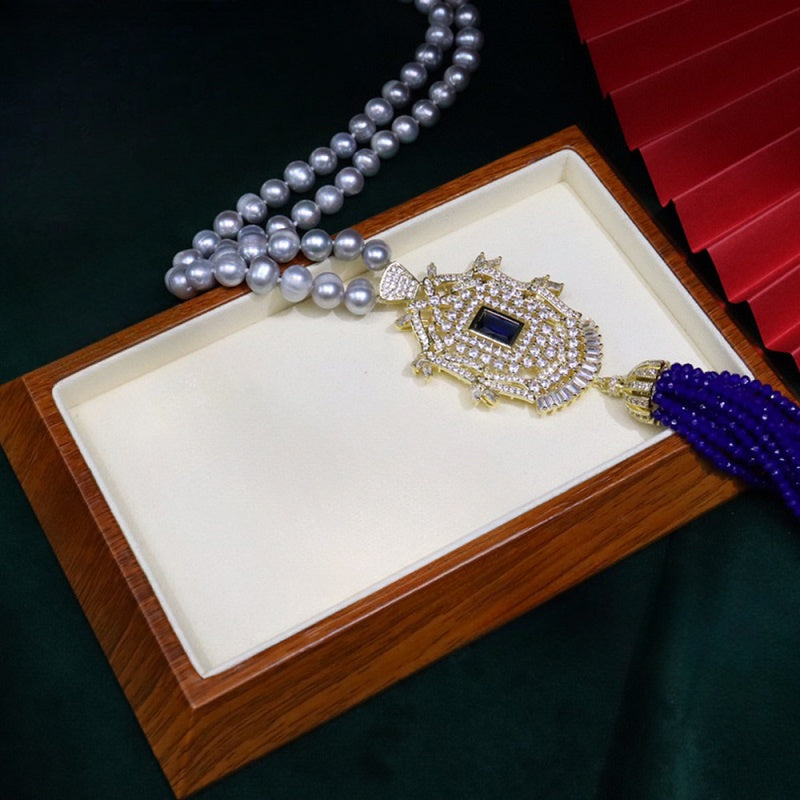 Collar largo de otoño e invierno con perlas de agua dulce de 8-9mm y incrustación de zirconia