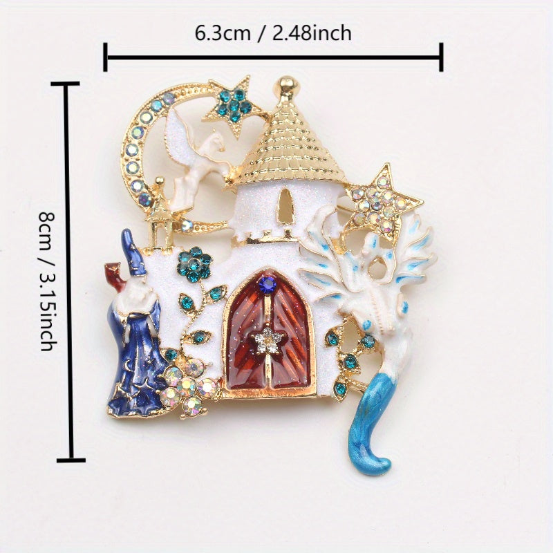 Enamel Magical Castle Brooch with Stars Moon Flying Horse for Dresses and Sweaters