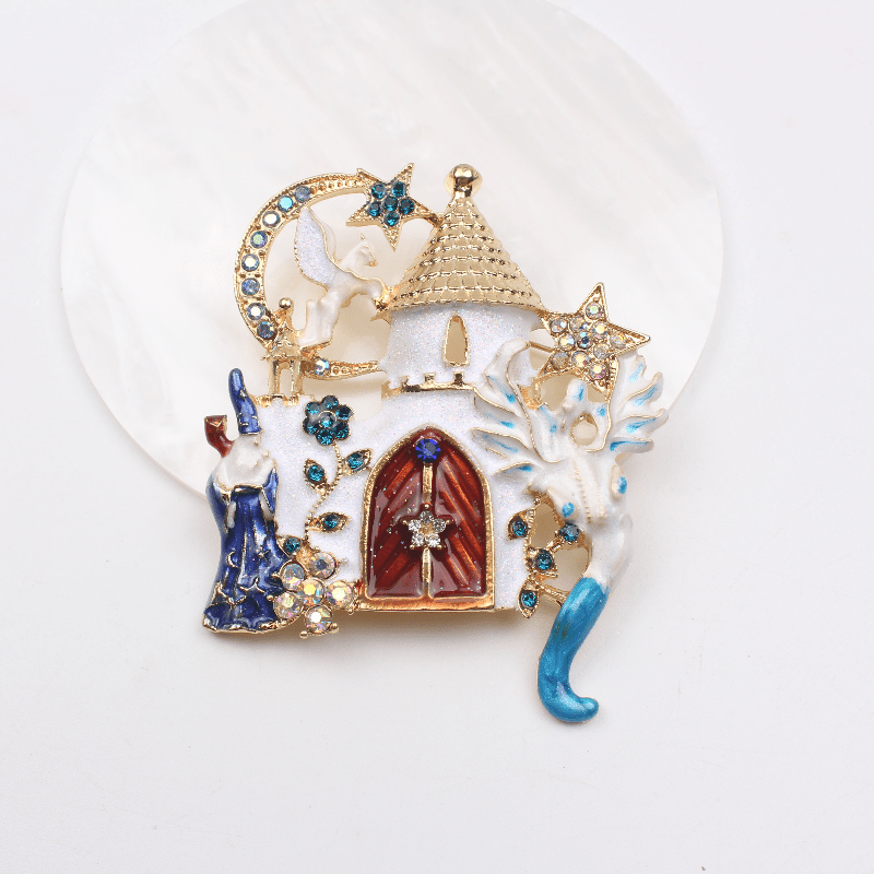 Enamel Magical Castle Brooch with Stars Moon Flying Horse for Dresses and Sweaters